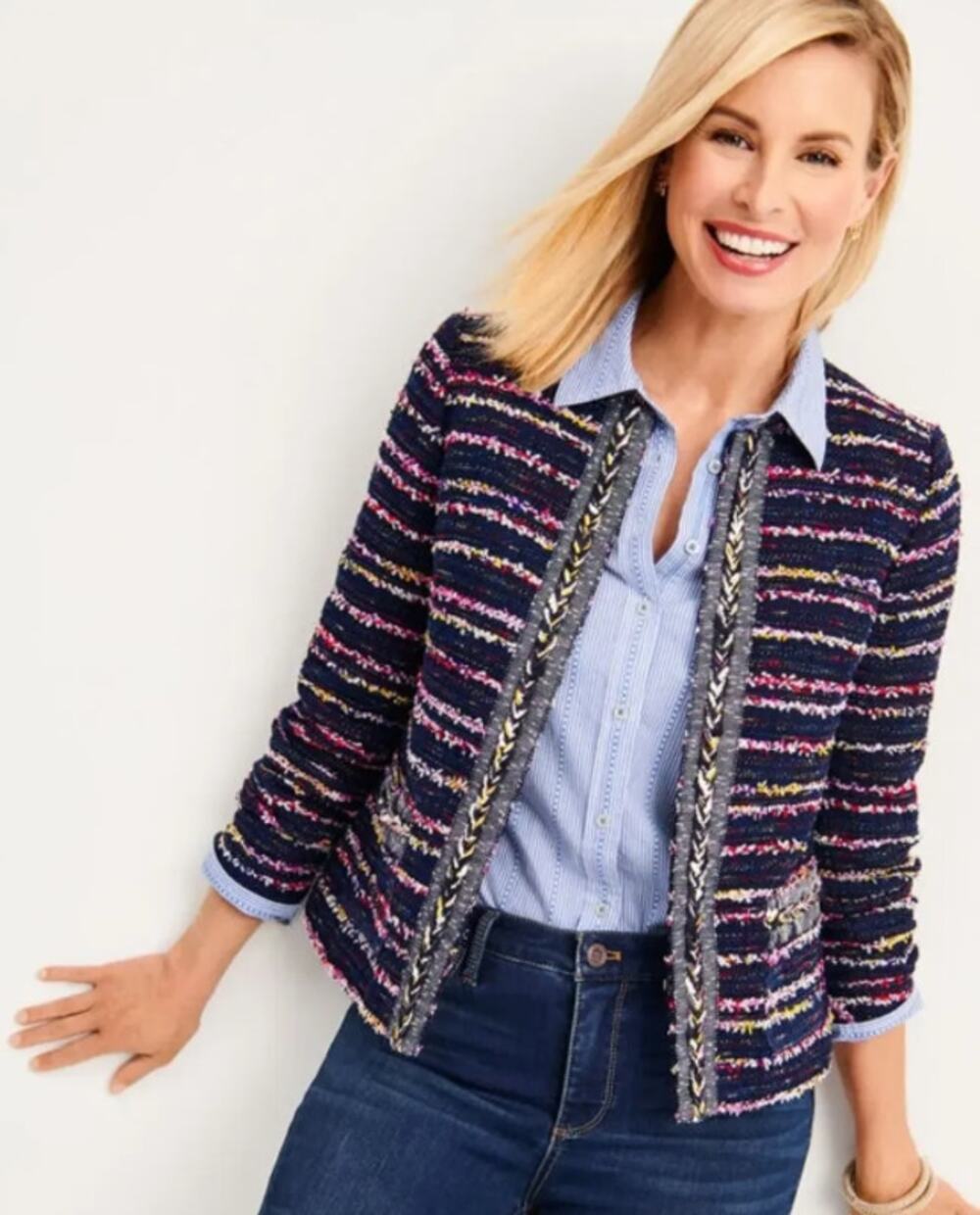 Talbots Adele Fringe Tweed Blazer Jacket Women's Size 10 Navy Pink Stripe